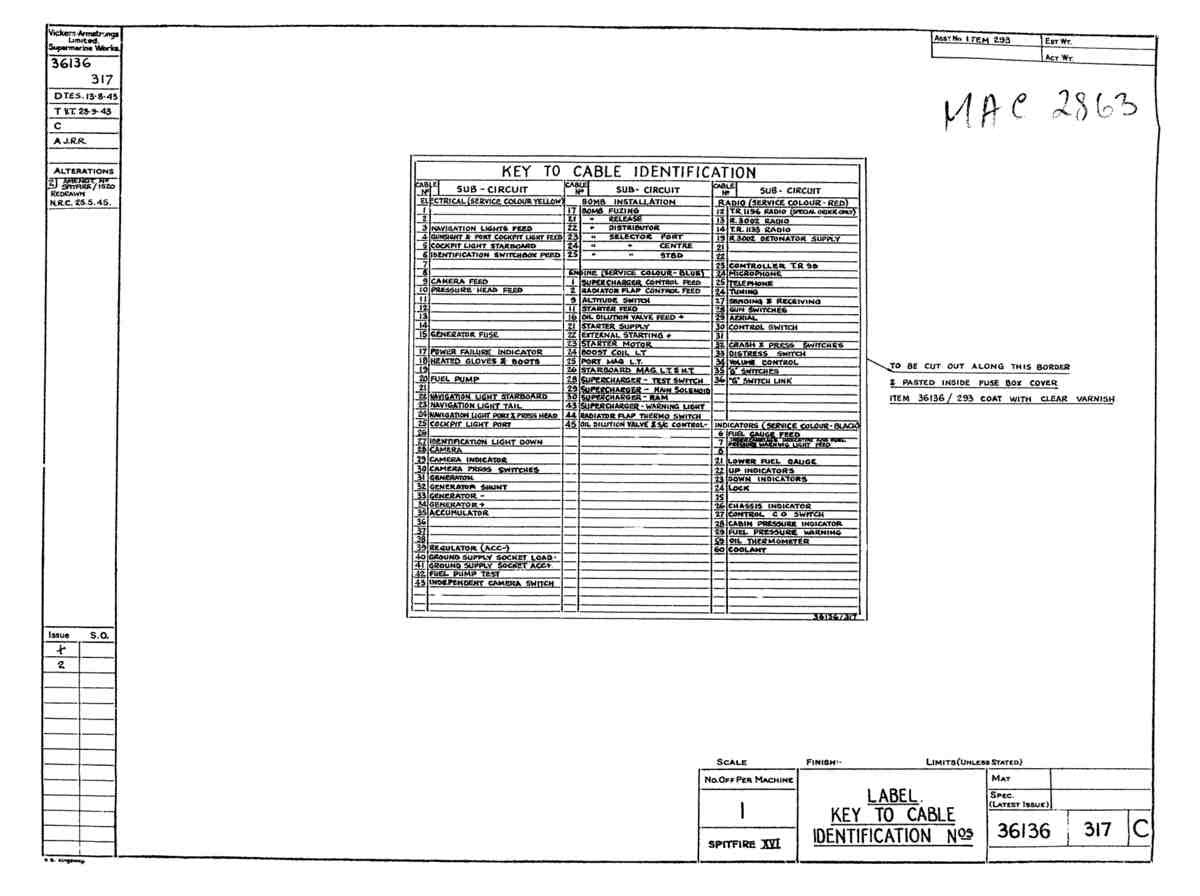 Spitfire Type 361 Mk IX Blueprints 36136 317 C Label Key to Cable Identification No's A4 Photo Print