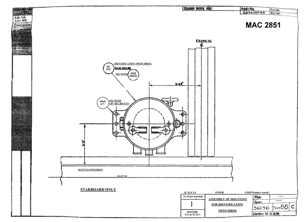 Spitfire Type 361 Mk IX Blueprints 36136 88 C Assembly of Mounting for Identification Switchbox A4 Photo Print