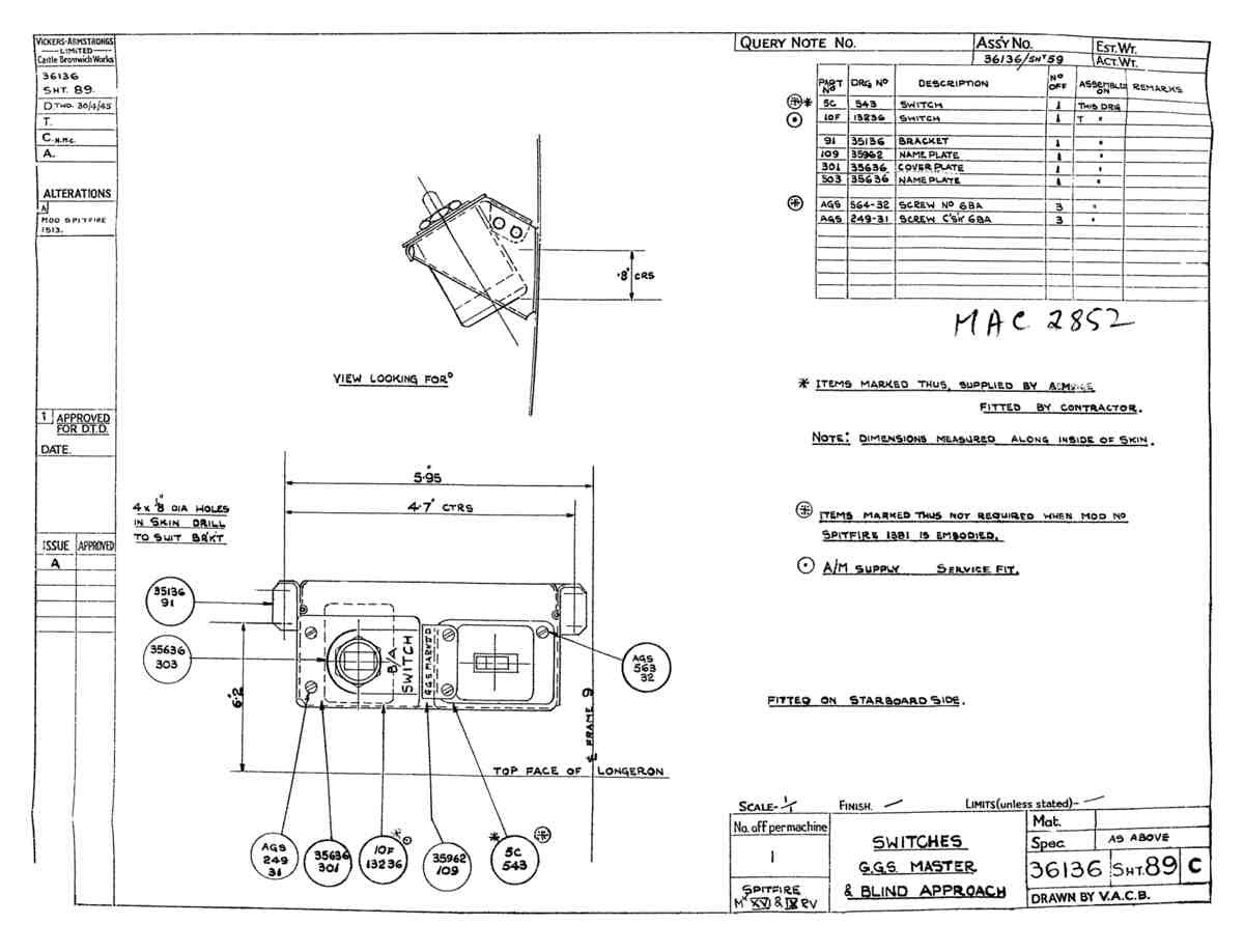 Spitfire Type 361 Mk IX Blueprints 36136 89 C Switches GGS master & Blind Approach A4 Photo Print