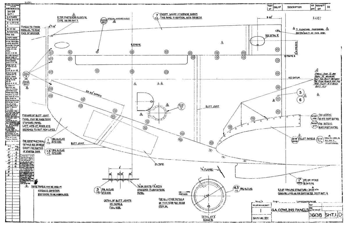 Spitfire Type 361 Mk IX Blueprints 36138 1 D GA Cowling Panels A4 Photo Print