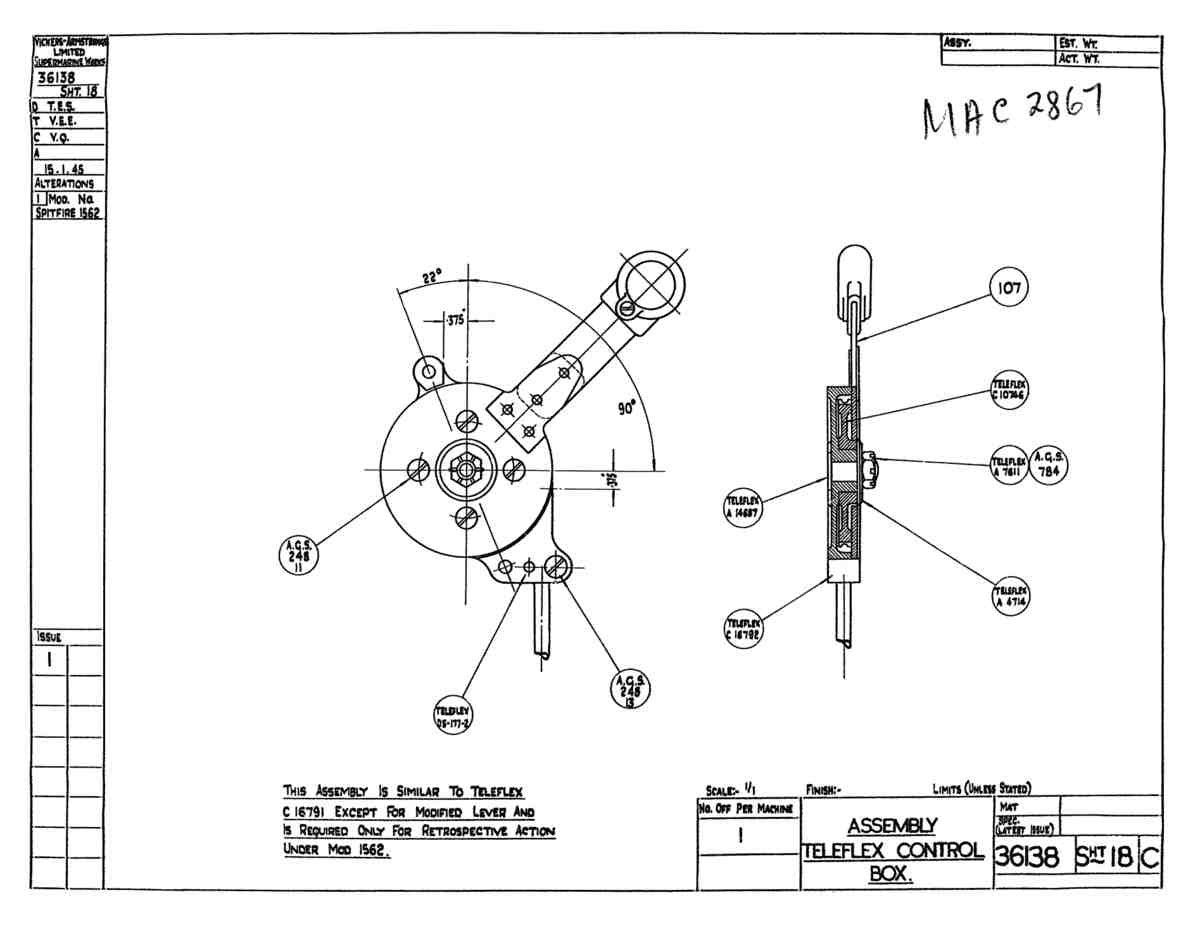 Spitfire Type 361 Mk IX Blueprints 36138 18 C Assembly Teleflex Control Box A4 Photo Print