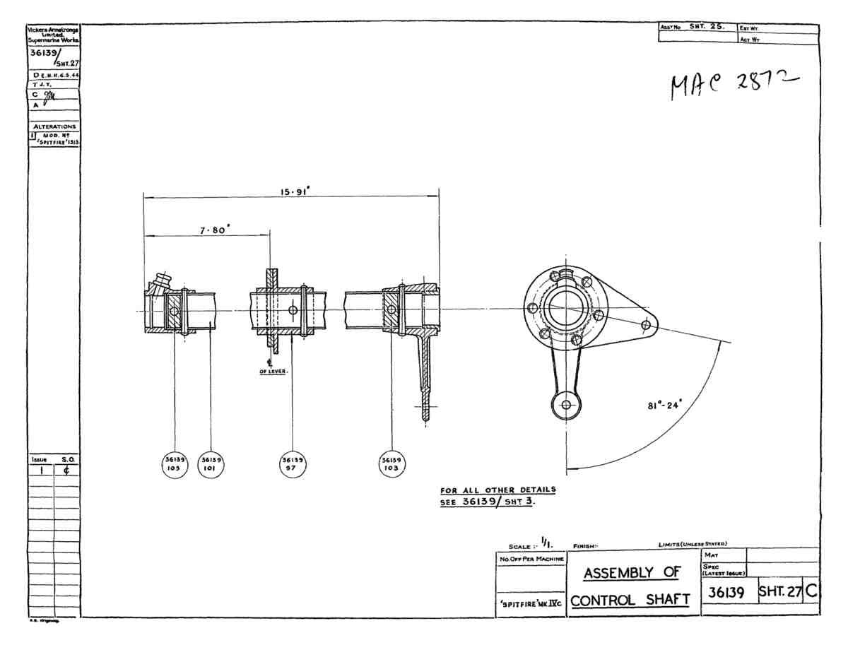 Spitfire Type 361 Mk IX Blueprints 36139 27 C Assembly of Control Shaft A4 Photo Print