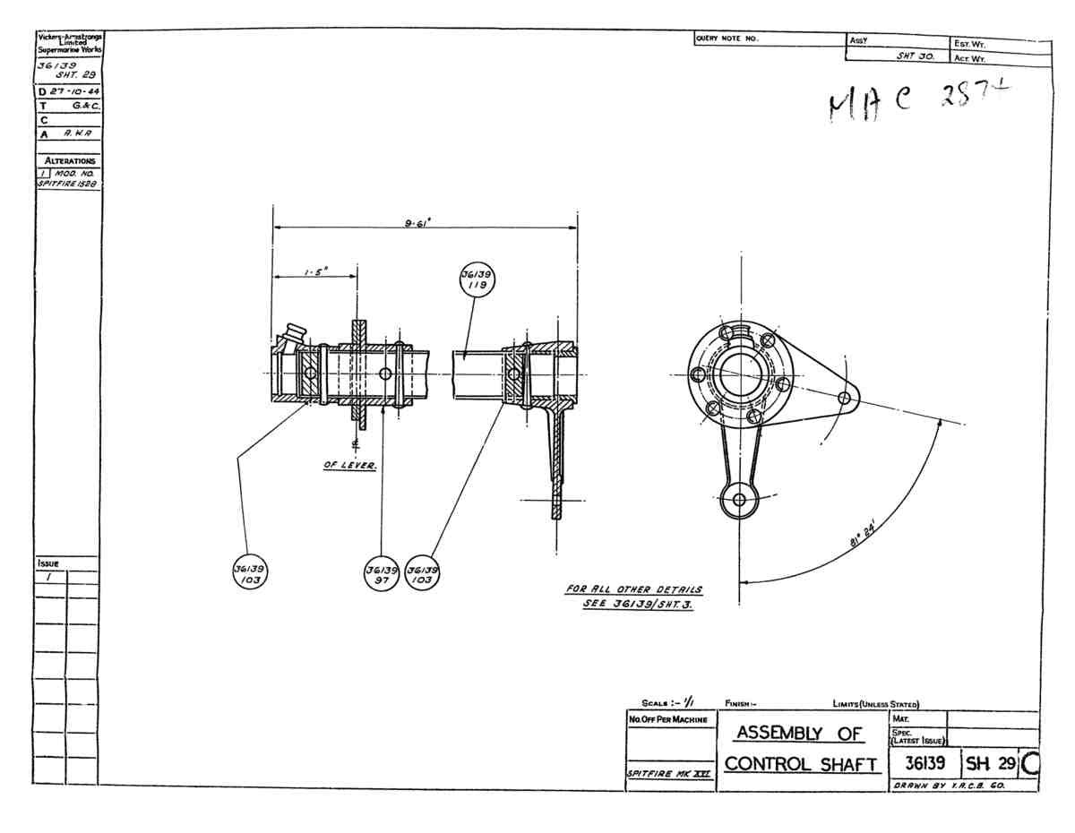 Spitfire Type 361 Mk IX Blueprints 36139 29 C Assembly of Control Shaft A4 Photo Print