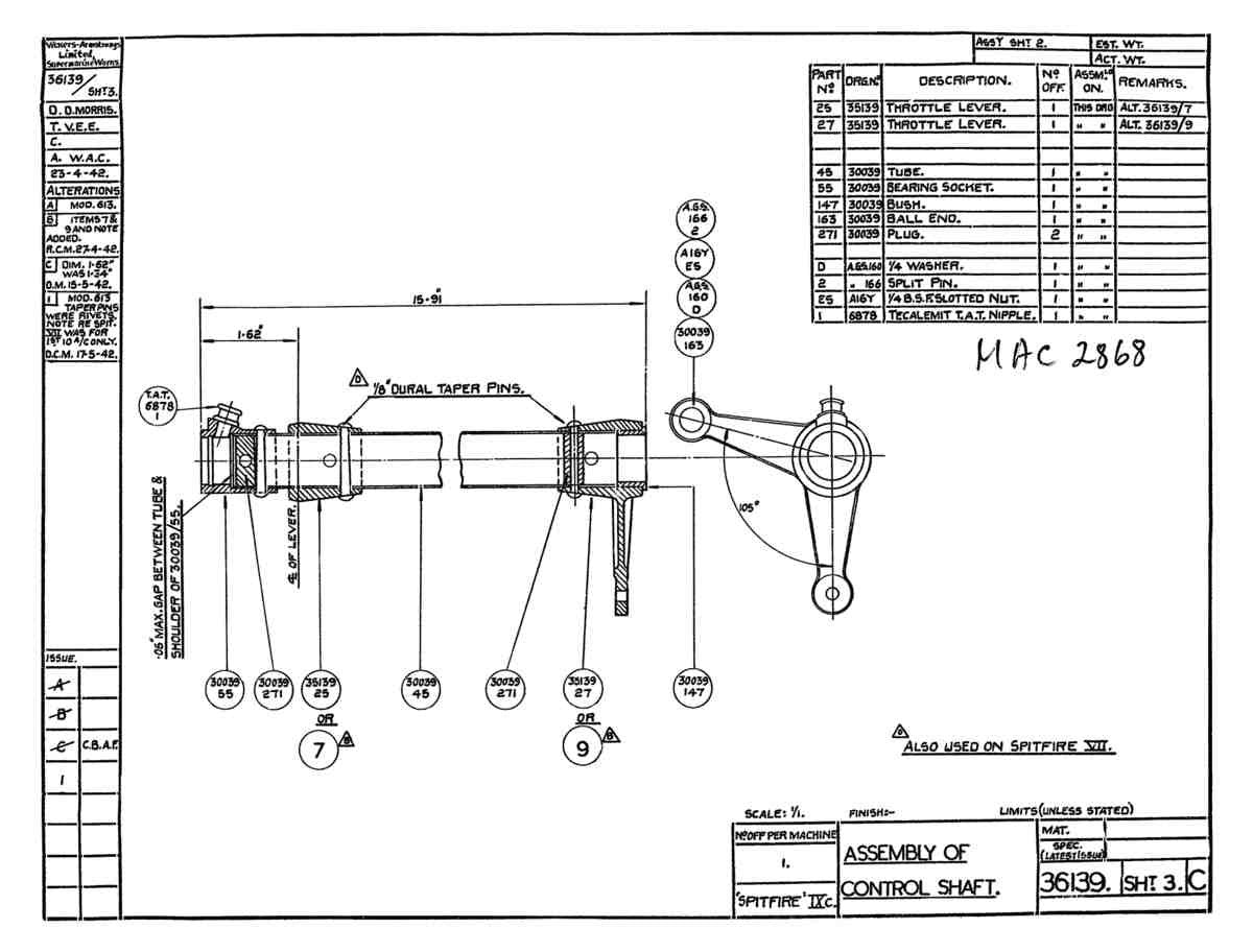 Spitfire Type 361 Mk IX Blueprints 36139 3 C Assembly of Control Shaft A4 Photo Print