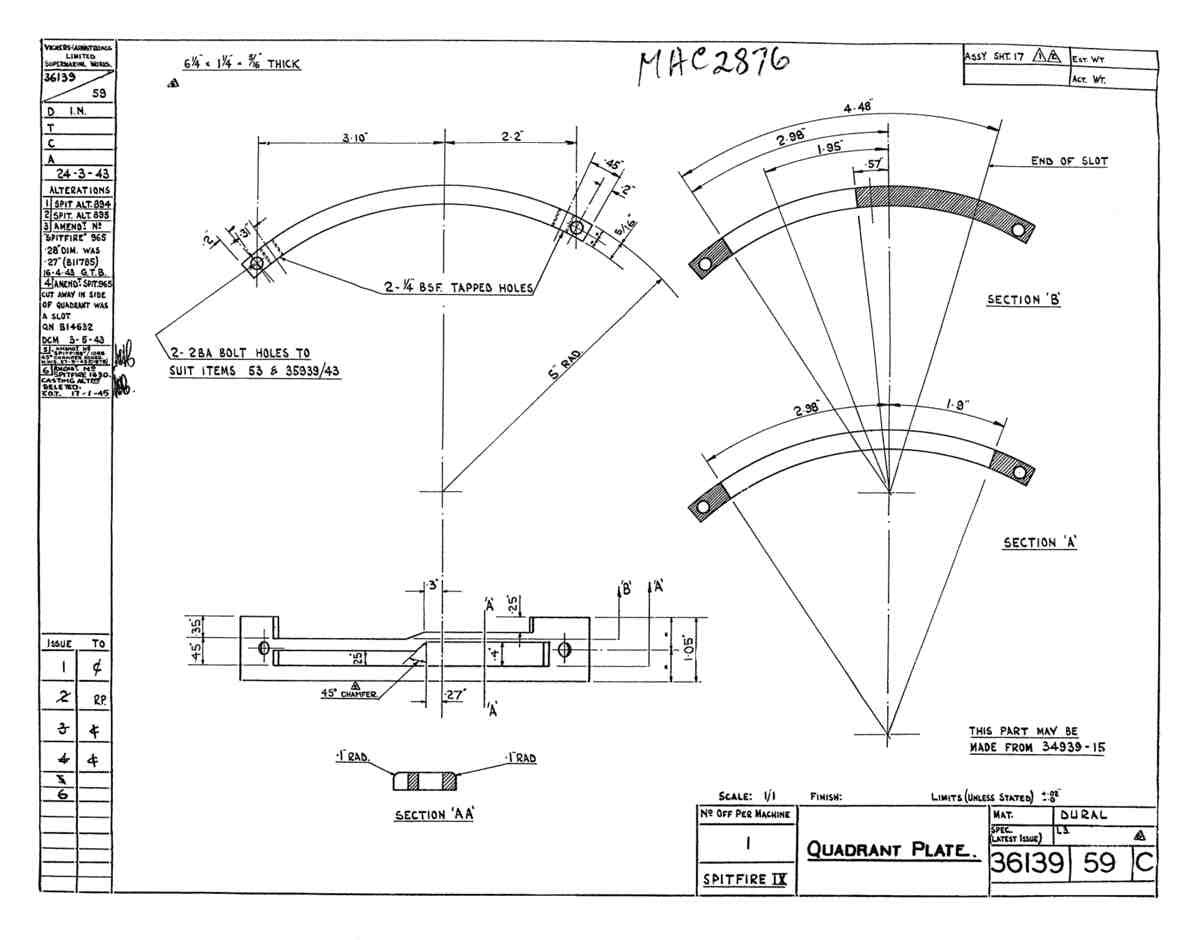 Spitfire Type 361 Mk IX Blueprints 36139 59 C Quadrant Plate A4 Photo Print