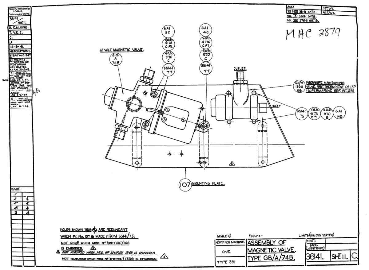 Spitfire Type 361 Mk IX Blueprints 36141 11 C Assembly of Magnetic Valve Type GB A 74B A4 Photo Print
