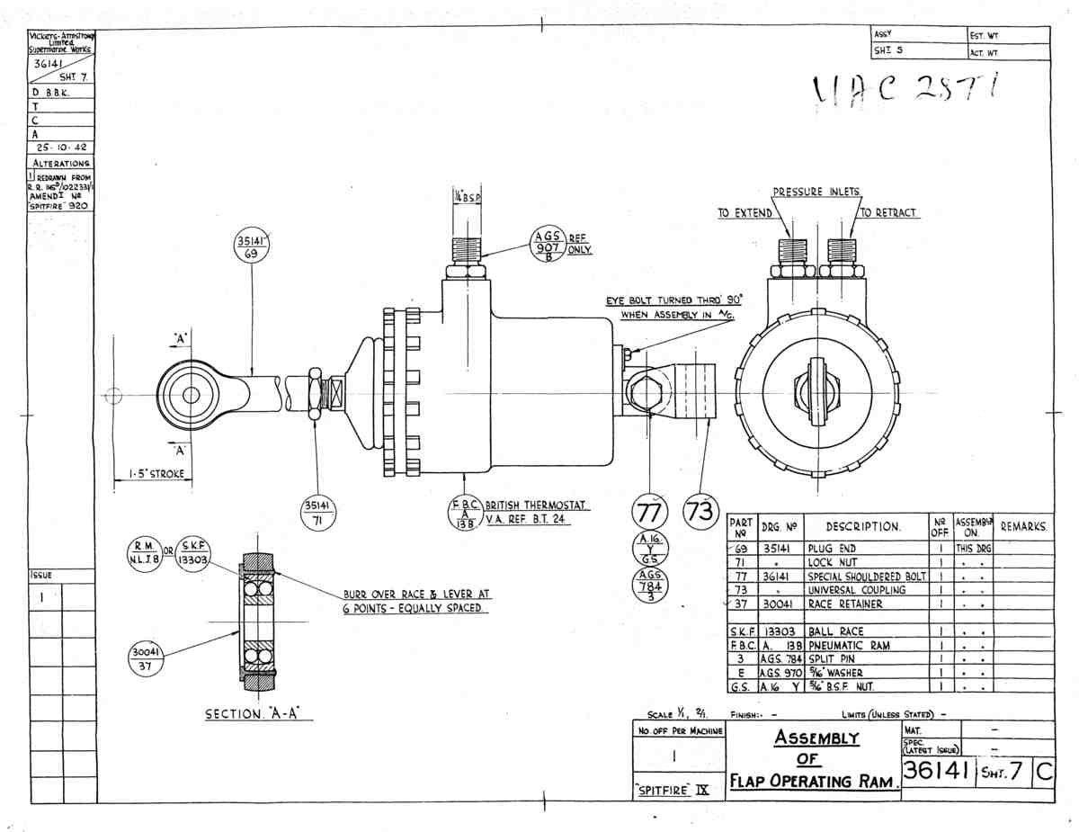 Spitfire Type 361 Mk IX Blueprints 36141 7 C Assembly of Flap Operating Ram A4 Photo Print