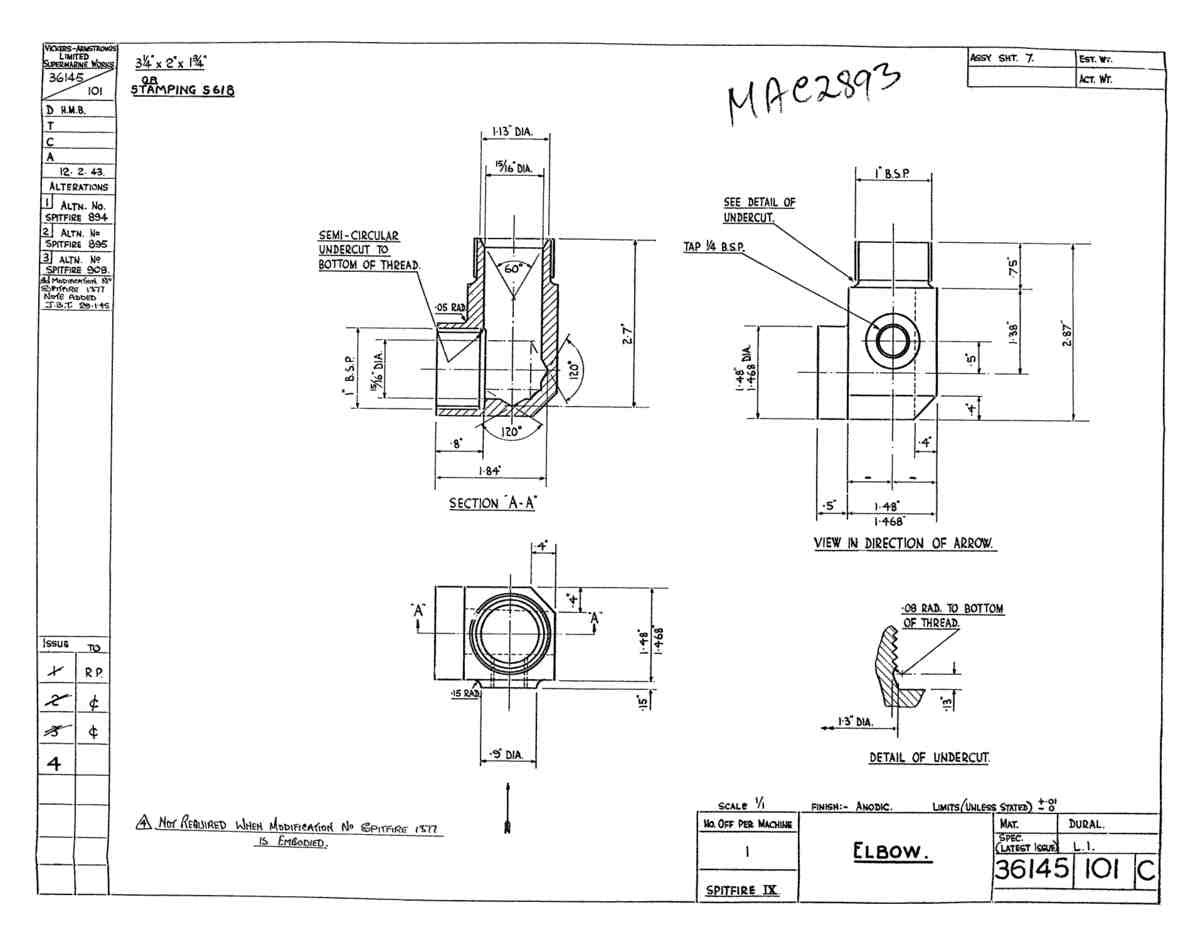 Spitfire Type 361 Mk IX Blueprints 36145 101 C Elbow A4 Photo Print