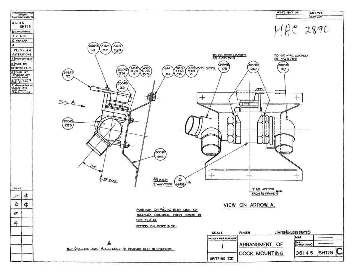 Spitfire Type 361 Mk IX Blueprints 36145 18 C Arrangement of Cock mounting A4 Photo Print