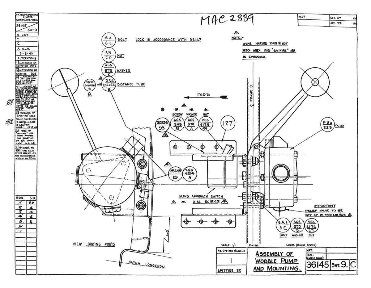 Spitfire Type 361 Mk IX Blueprints 36145 9 C Assembly of Wobble pump and Mounting A4 Photo Print
