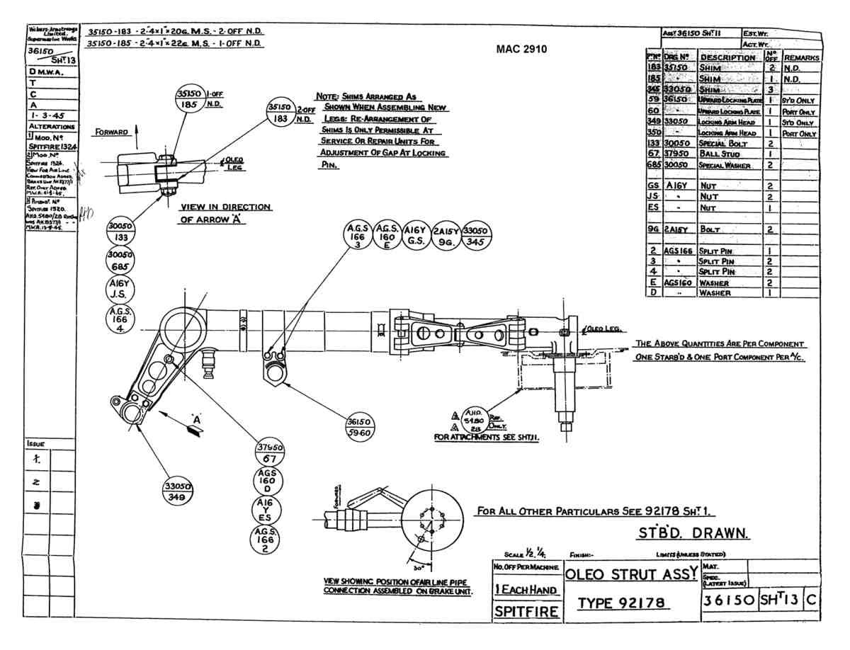 Spitfire Type 361 Mk IX Blueprints 36150 13 C Oleo Strut Assy Type 92178 A4 Photo Print