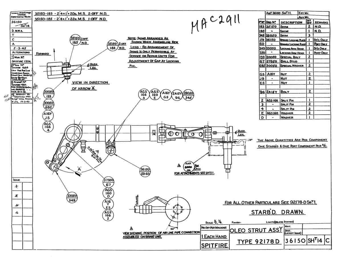 Spitfire Type 361 Mk IX Blueprints 36150 14 C Oleo Strut Assembly Type 92178D A4 Photo Print