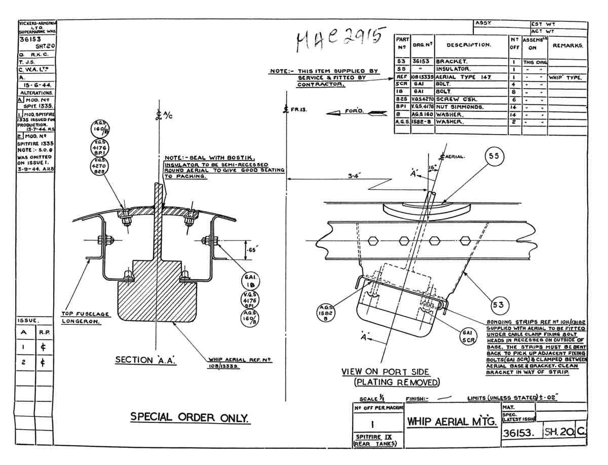 Spitfire Type 361 Mk IX Blueprints 36153 20 C Whip Aerial Mtg A4 Photo Print