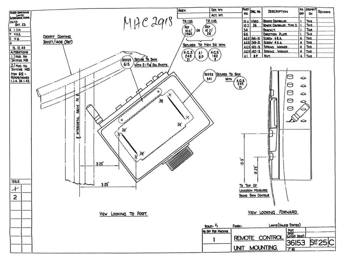 Spitfire Type 361 Mk IX Blueprints 36153 25 C Remote Control Unit Mounting A4 Photo Print