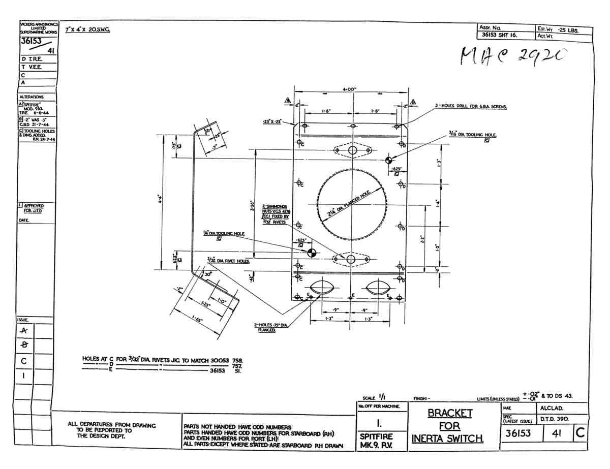 Spitfire Type 361 Mk IX Blueprints 36153 41 C Bracket for Inertia Switch A4 Photo Print