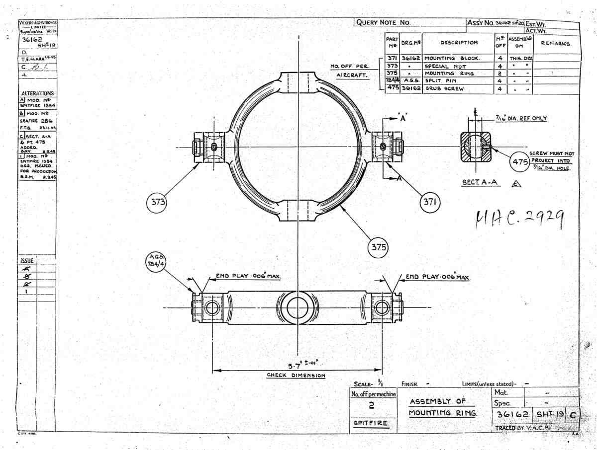 Spitfire Type 361 Mk IX Blueprints 36162 19 C Assembly of Mounting Ring A4 Photo Print