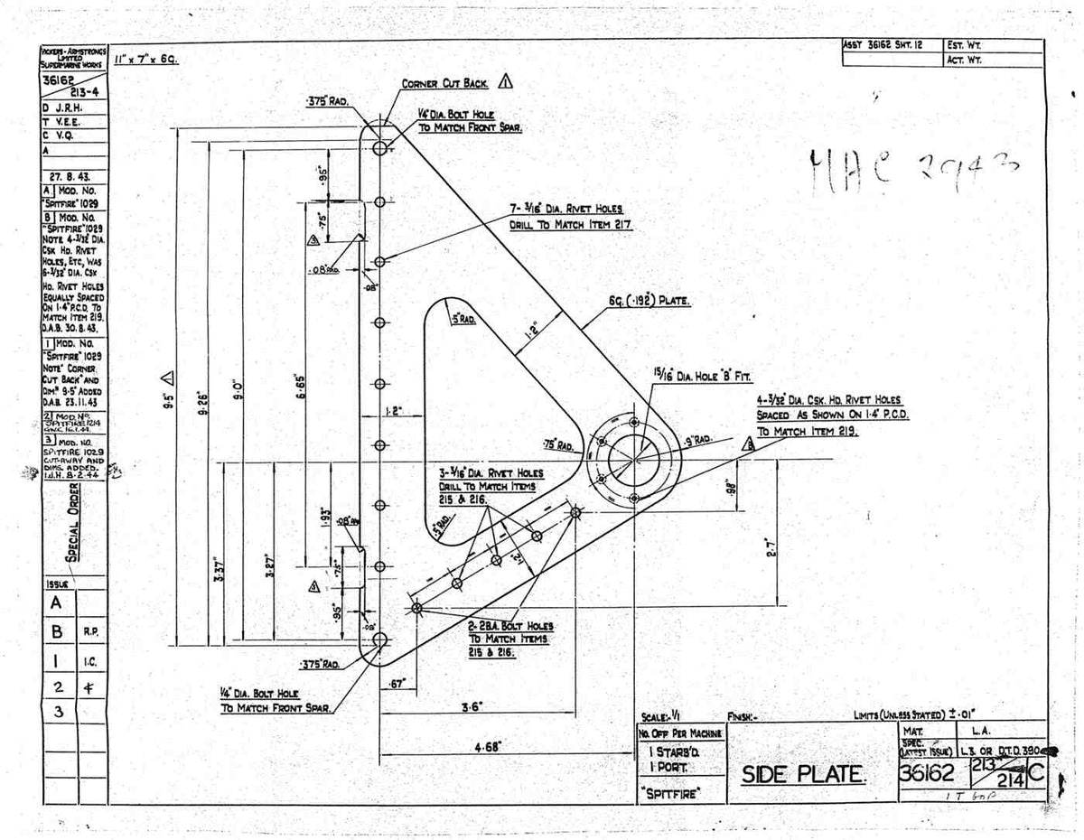 Spitfire Type 361 Mk IX Blueprints 36162 23214 C Side Plate A4 Photo Print