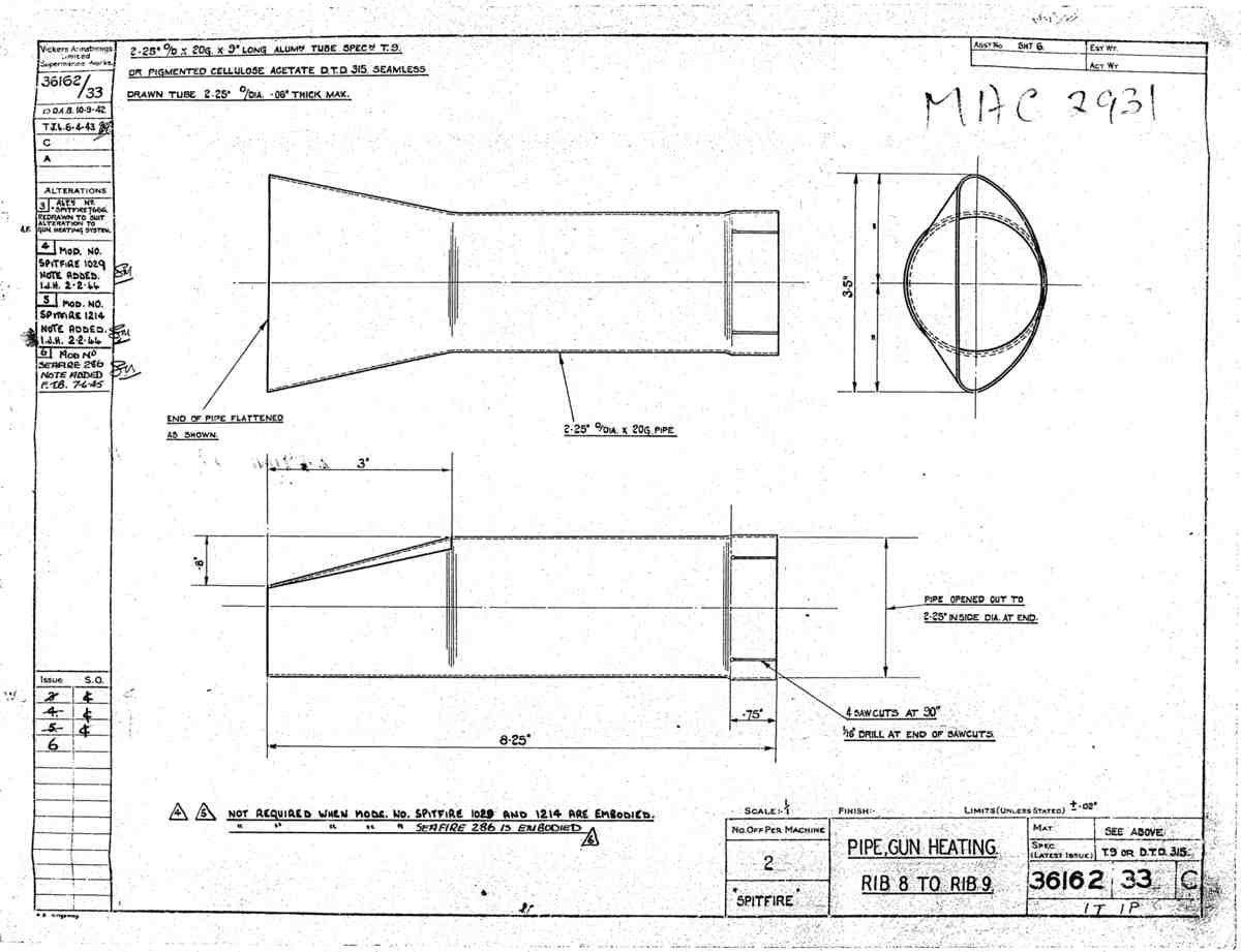 Spitfire Type 361 Mk IX Blueprints 36162 33 C Pipe Gun Heating Rib 8 9 A4 Photo Print