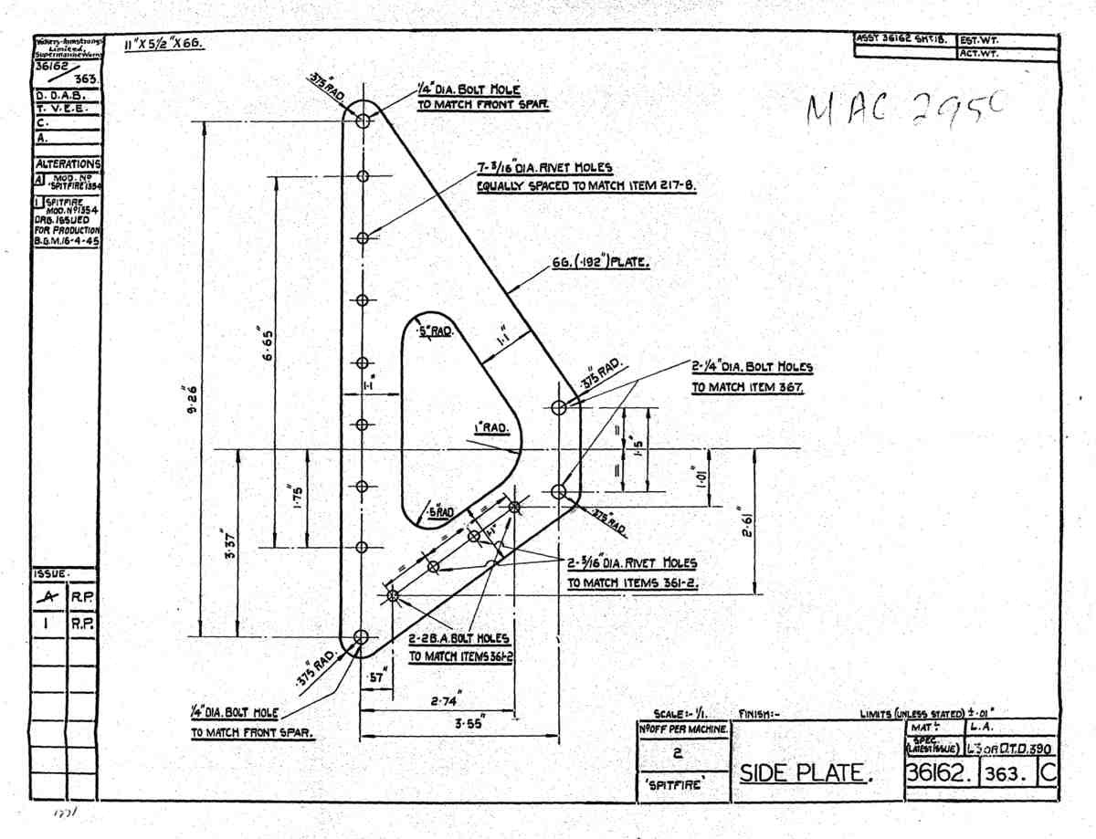 Spitfire Type 361 Mk IX Blueprints 36162 363 C Side Plate A4 Photo Print
