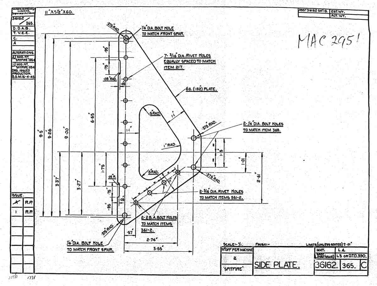 Spitfire Type 361 Mk IX Blueprints 36162 365 C Side Plate A4 Photo Print
