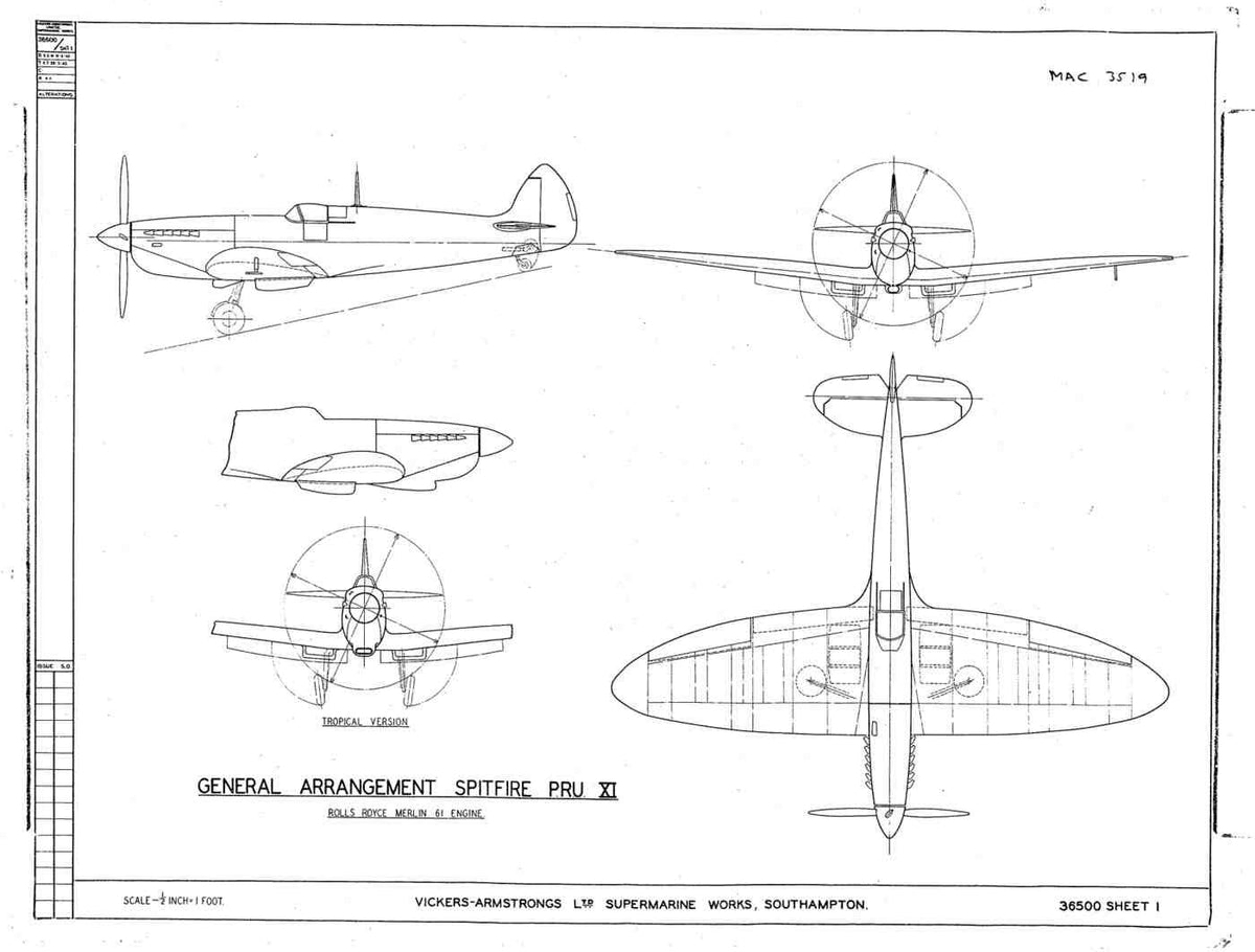 Spitfire Type 365 MKXI Blueprints 36500 1GA Spitfire PRU XI A4 Photo Print