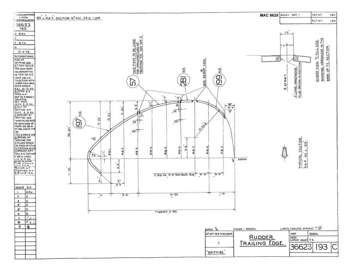 Spitfire Type 366 MKXII Blueprints 36623 193 C Rudder Trailing Edge A4 Photo Print