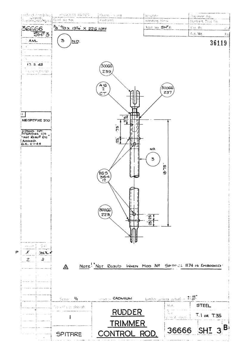 Spitfire Type 366 MKXII Blueprints 36666 3 B Rudder Trimmer Control Rod A4 Photo Print