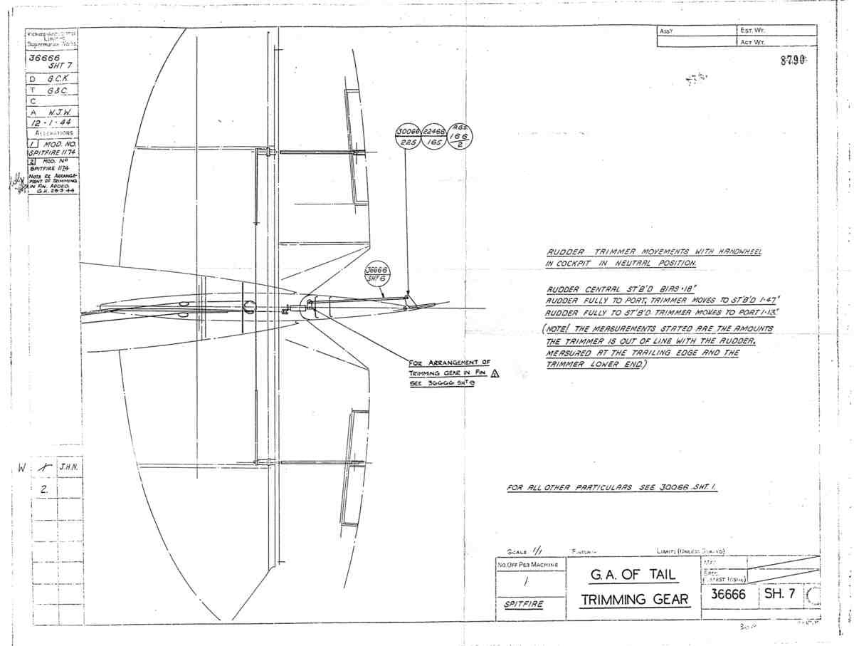 Spitfire Type 366 MKXII Blueprints 36666 7 C GA of tail trimming gear A4 Photo Print