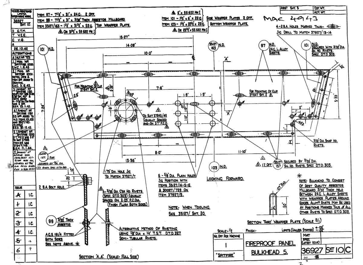 Spitfire Type 369 MKXIV Blueprints 36927 10 C Fireproof panel Bulkhead 5 A4 Photo Print