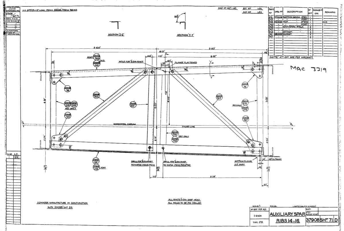 Spitfire Type 379 MKXIV Blueprints 37908 71 D Auxiliary Spar ribs 14 16 A4 Photo Print