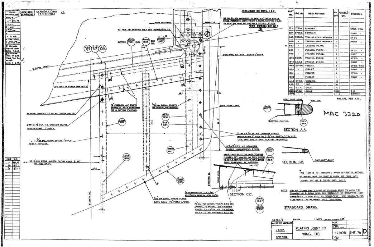Spitfire Type 379 MKXIV Blueprints 37908 76 D Plating joint to Wing Tip A4 Photo Print