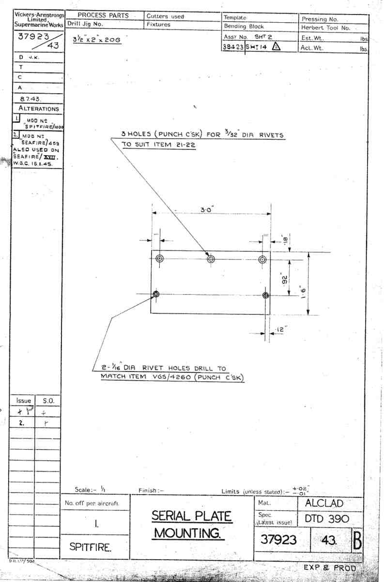 Spitfire Type 379 MKXIV Blueprints 37923 43 B Serial Plate Mounting A4 Photo Print