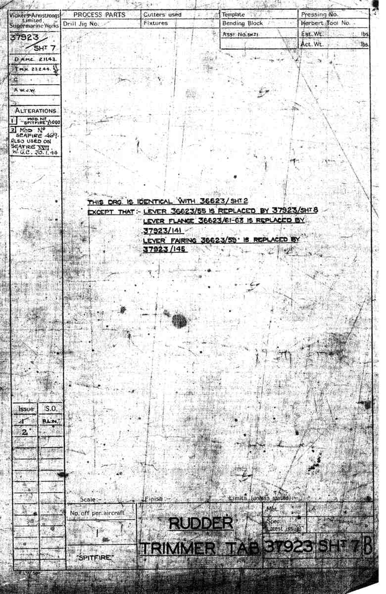 Spitfire Type 379 MKXIV Blueprints 37923 7 B Rudder Trimmer Tab A4 Photo Print