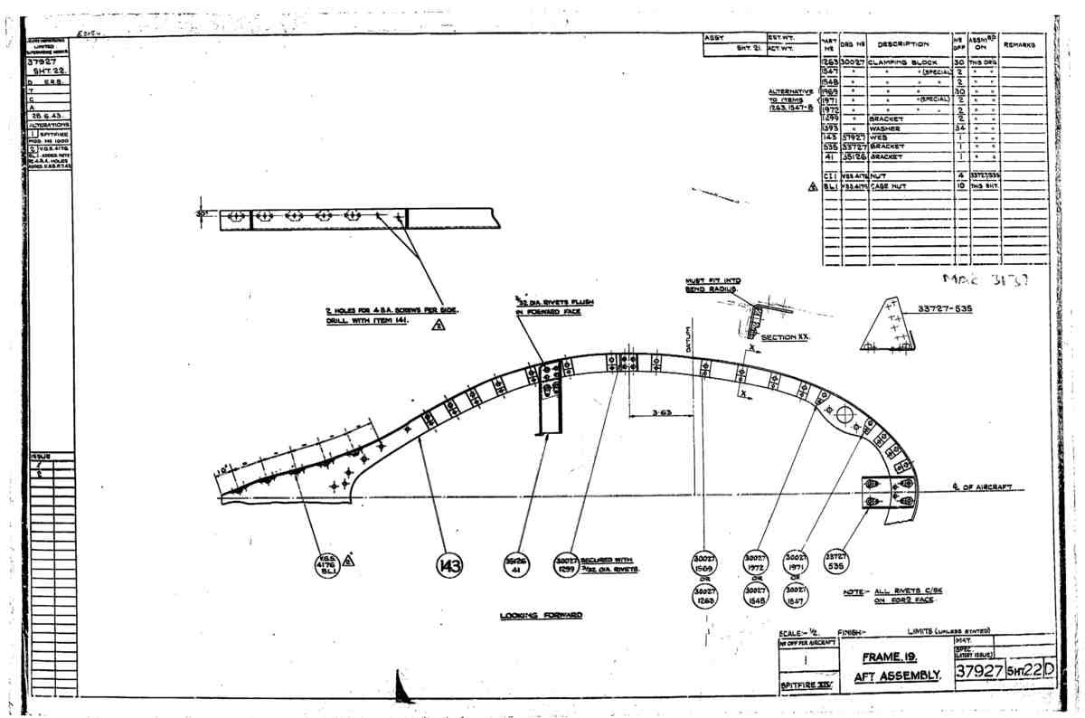 Spitfire Type 379 MKXIV Blueprints 37927 22 D Frame 19 Aft Assembly A4 Photo Print