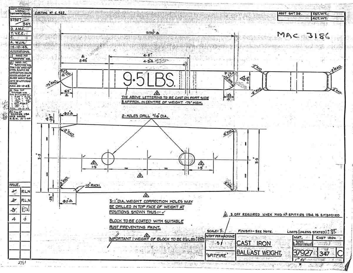 Spitfire Type 379 MKXIV Blueprints 37927 347 C Cast Iron Ballast Weight A4 Photo Print