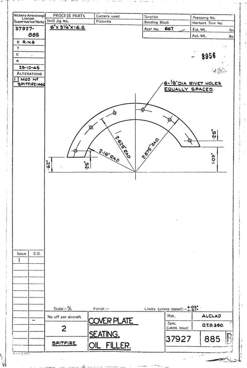 Spitfire Type 379 MKXIV Blueprints 37927 885 B Cover Plate Seating Oil Filler A4 Photo Print