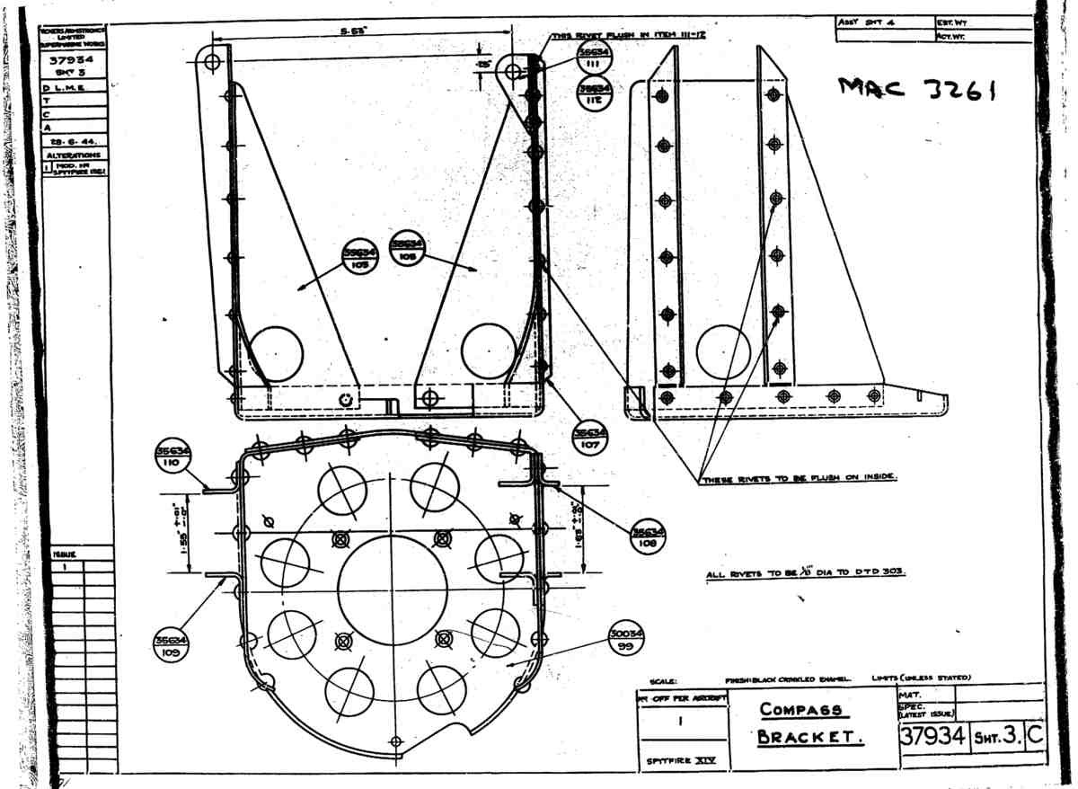 Spitfire Type 379 MKXIV Blueprints 37934 3 C Compass Bracket A4 Photo Print