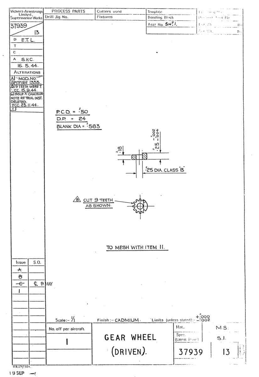 Spitfire Type 379 MKXIV Blueprints 37939 13 B Gear Wheel Driven A4 Photo Print