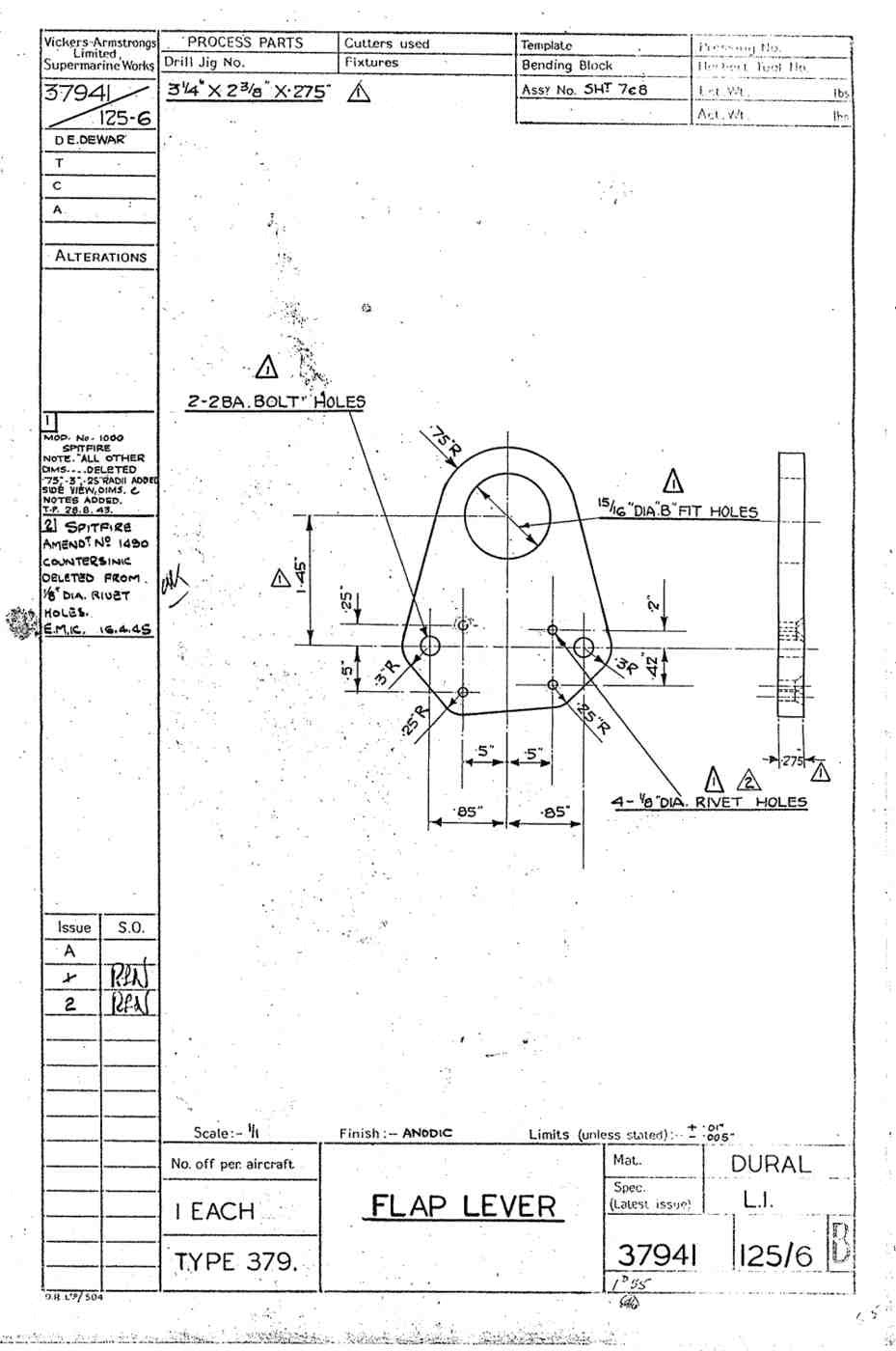 Spitfire Type 379 MKXIV Blueprints 37941 125126 B Flap Lever A4 Photo Print