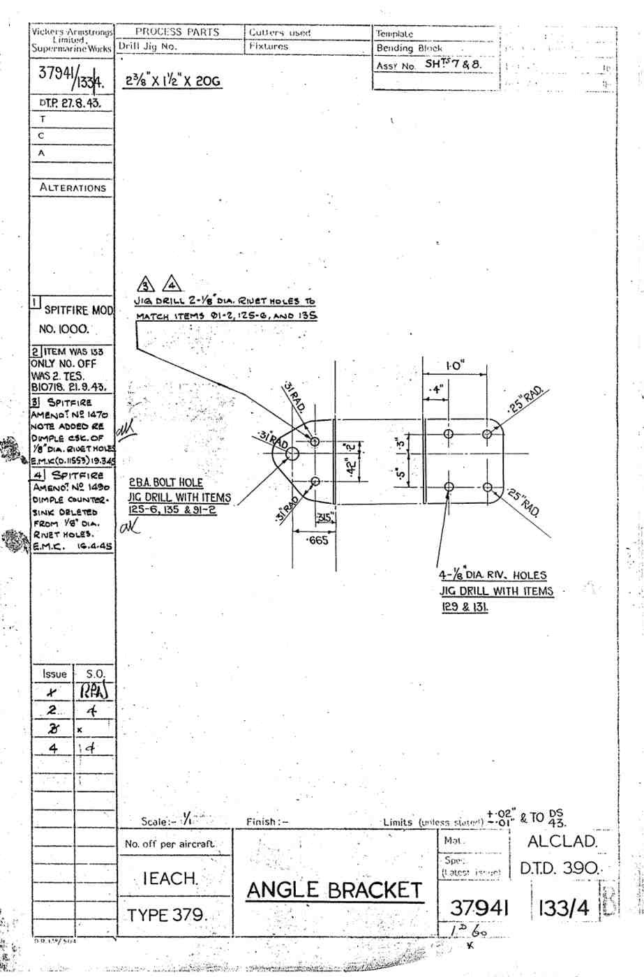 Spitfire Type 379 MKXIV Blueprints 37941 133134 B Angle Bracket A4 Photo Print