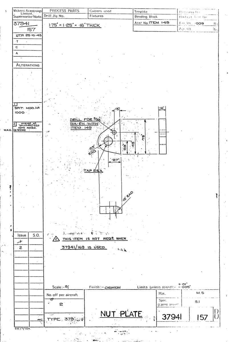 Spitfire Type 379 MKXIV Blueprints 37941 157 B Nut Plate A4 Photo Print