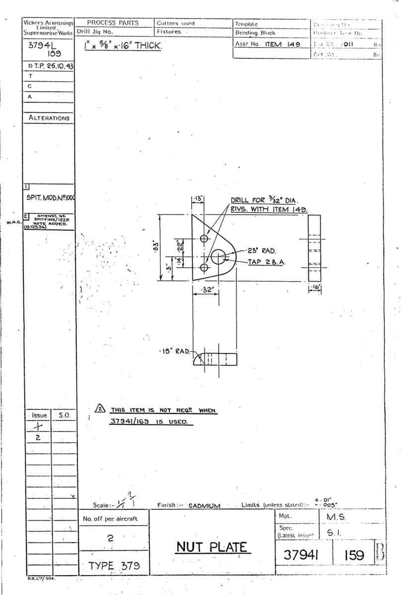 Spitfire Type 379 MKXIV Blueprints 37941 159 B Nut Plate A4 Photo Print