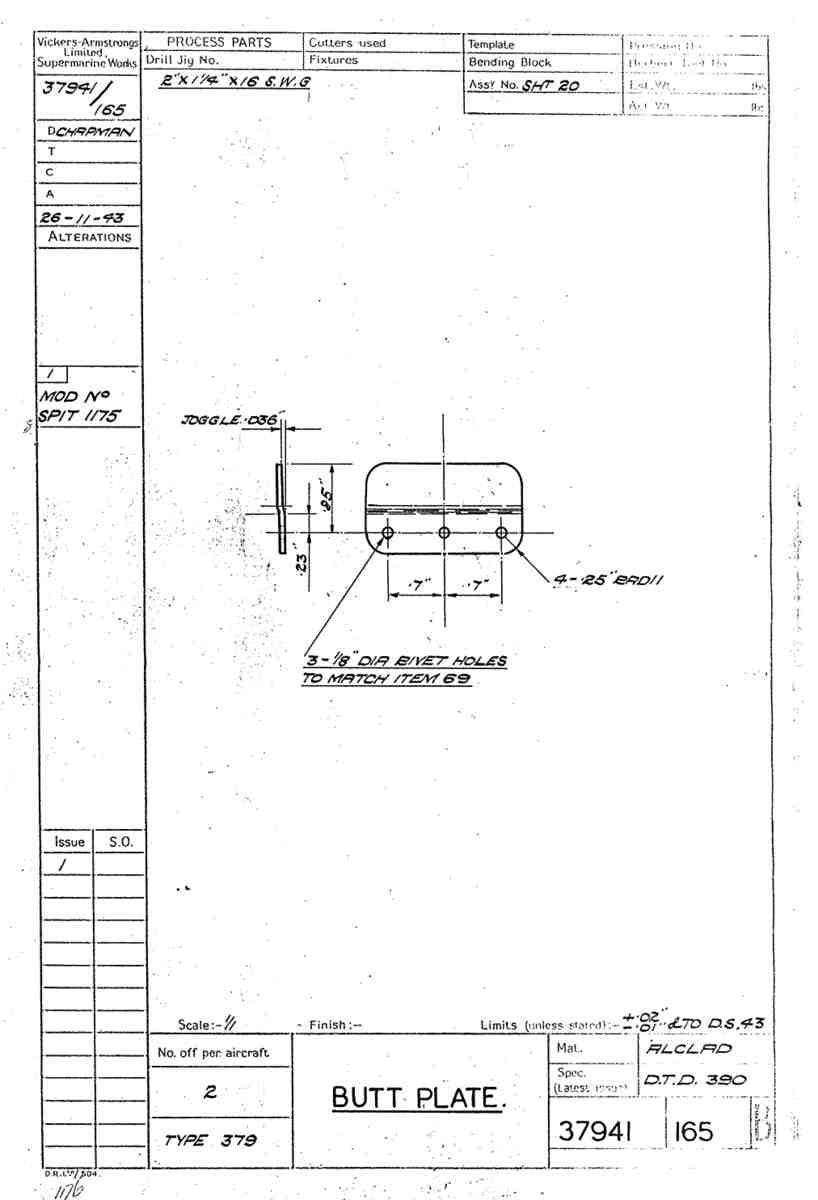 Spitfire Type 379 MKXIV Blueprints 37941 165 B Butt Plate A4 Photo Print