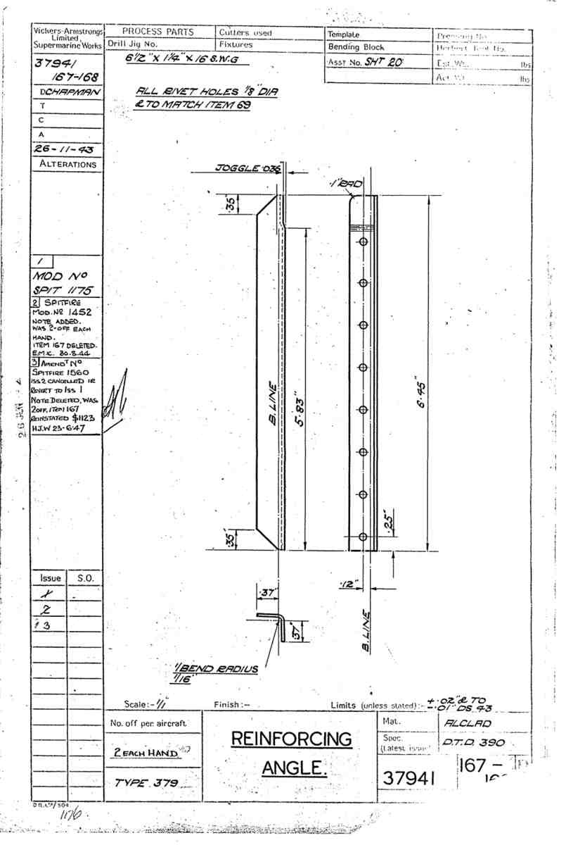 Spitfire Type 379 MKXIV Blueprints 37941 167,168 B Reinforcing Angle A4 Photo Print