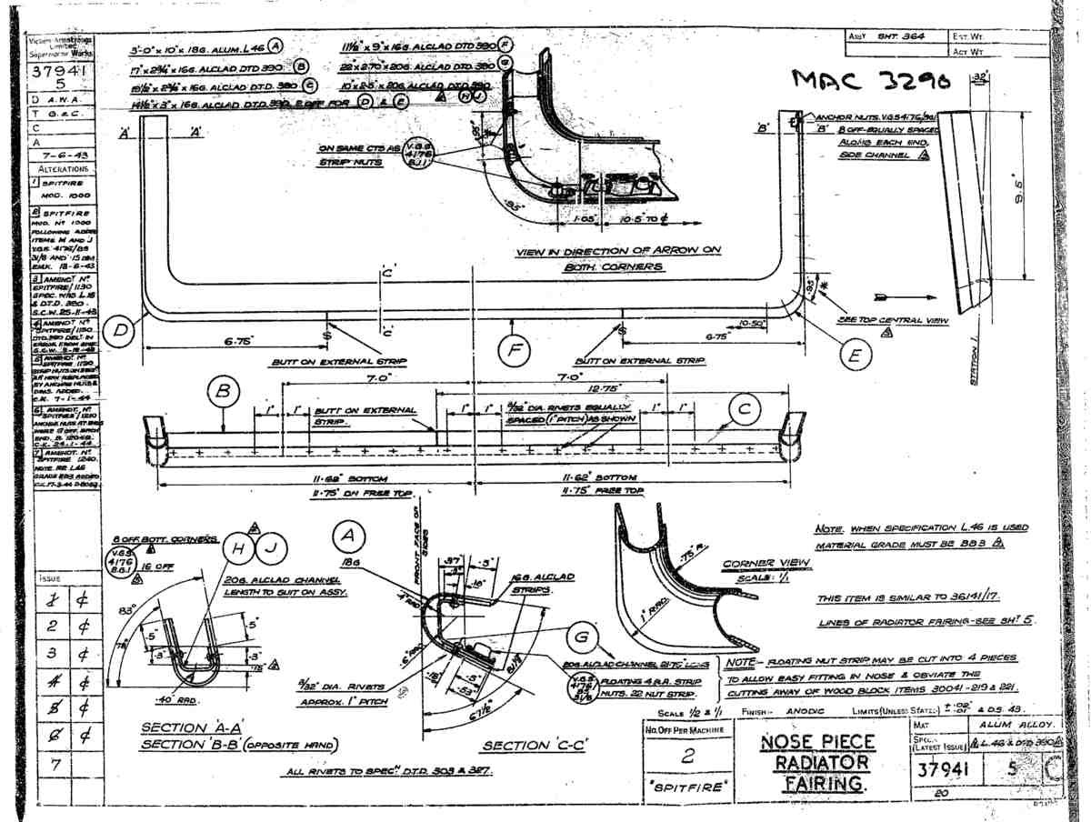 Spitfire Type 379 MKXIV Blueprints 37941 5 C Nose Piece Radiator Fairing (1) A4 Photo Print