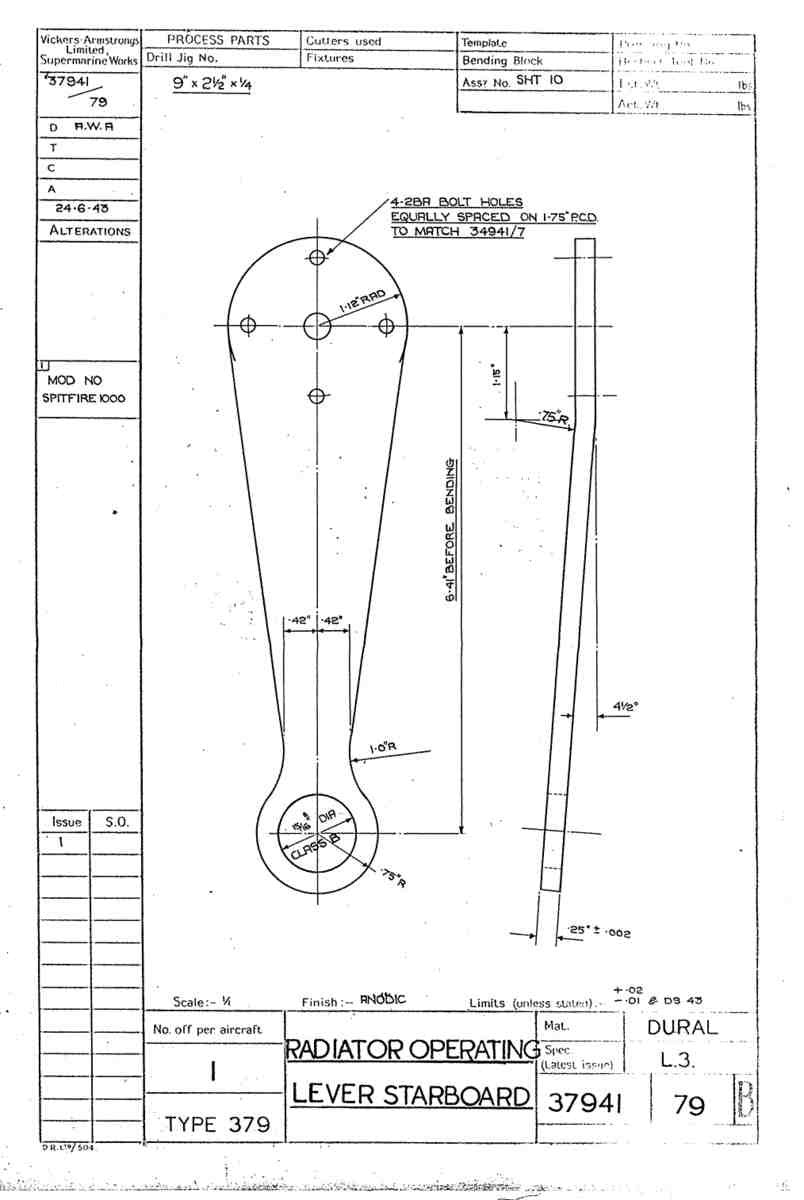 Spitfire Type 379 MKXIV Blueprints 37941 79 B Radiator operating Lever Starboard A4 Photo Print