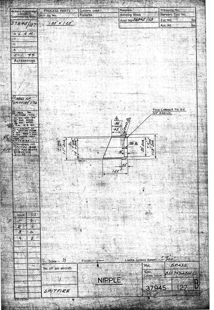 Spitfire Type 379 MKXIV Blueprints 37945 127 B Nipple A4 Photo Print