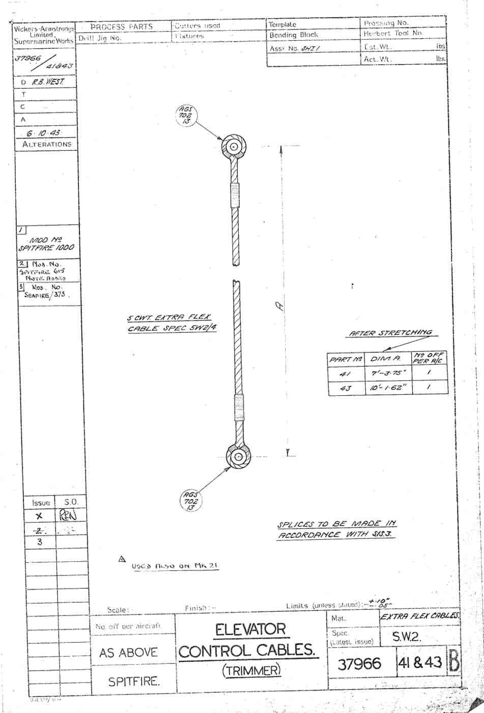 Spitfire Type 379 MKXIV Blueprints 37966 4143 B Elevator Control Cables Trimmer A4 Photo Print