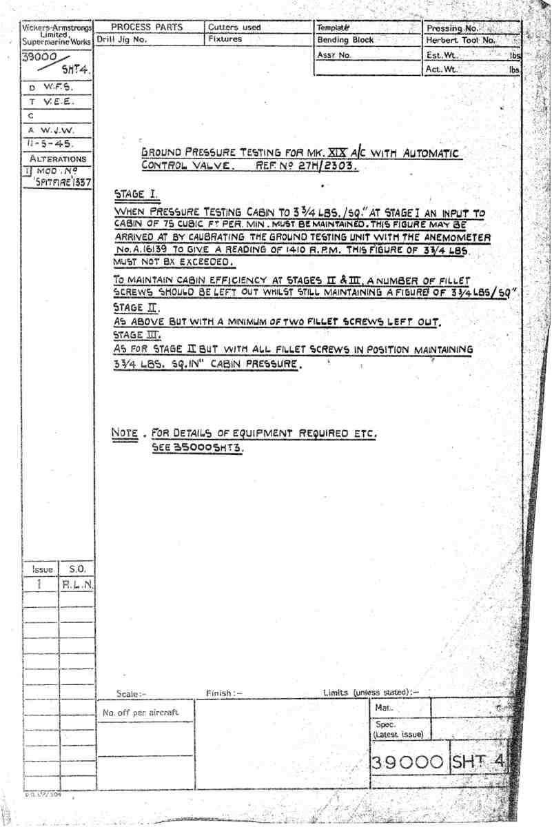 Spitfire Type 390 Mk XIX Blueprints 39000 4  Ground Pressure Testing A4 Photo Print
