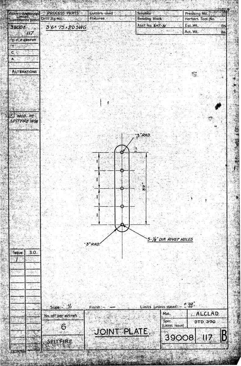 Spitfire Type 390 Mk XIX Blueprints 39008 117 B Joint Plate A4 Photo Print